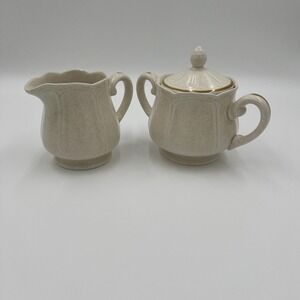 Cream Speckled Ceramic Sugar Bowl with Lid and Creamer Pitcher Set